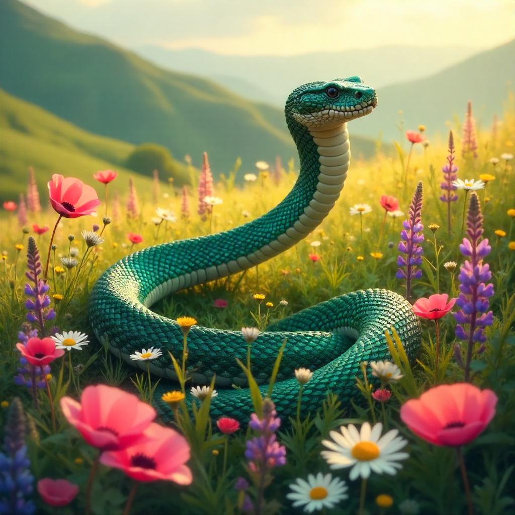 Emerald Serpent in a Blooming Field