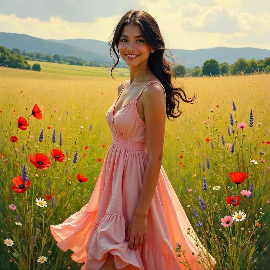Elegant Latina in an Oil Painting Field of Flowers