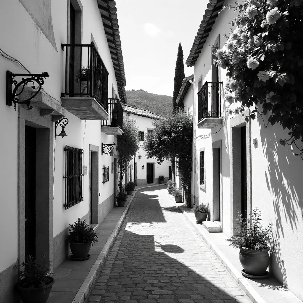 Quiet Mediterranean Village Street in Black and White