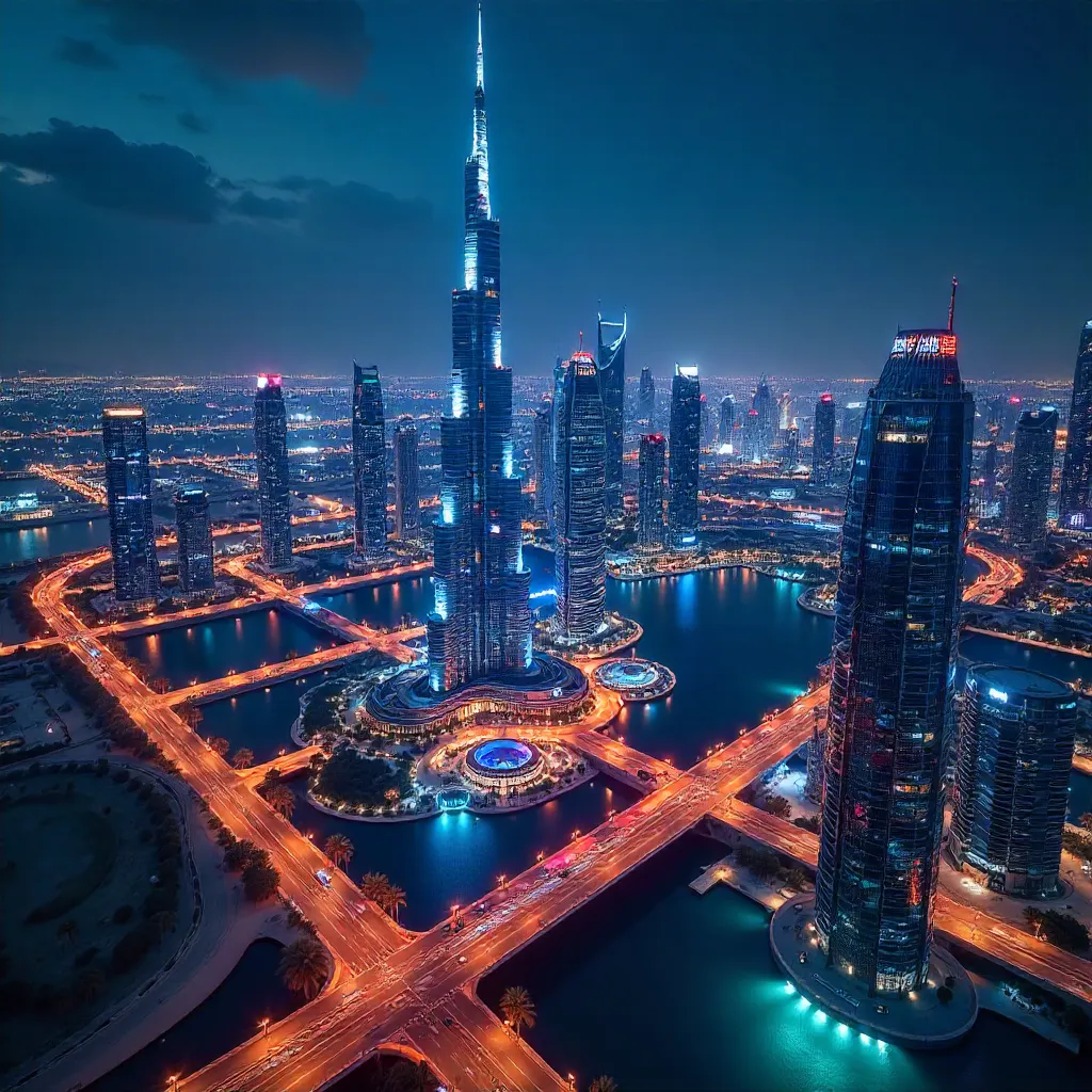Dubai Night Skyline: Aerial Neon Cityscape
