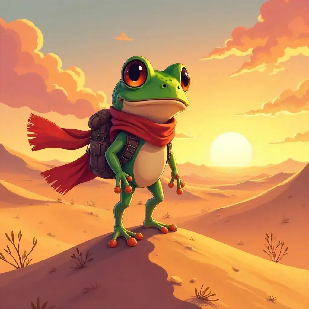 Anime Frog in Desert Dunes at Sunset