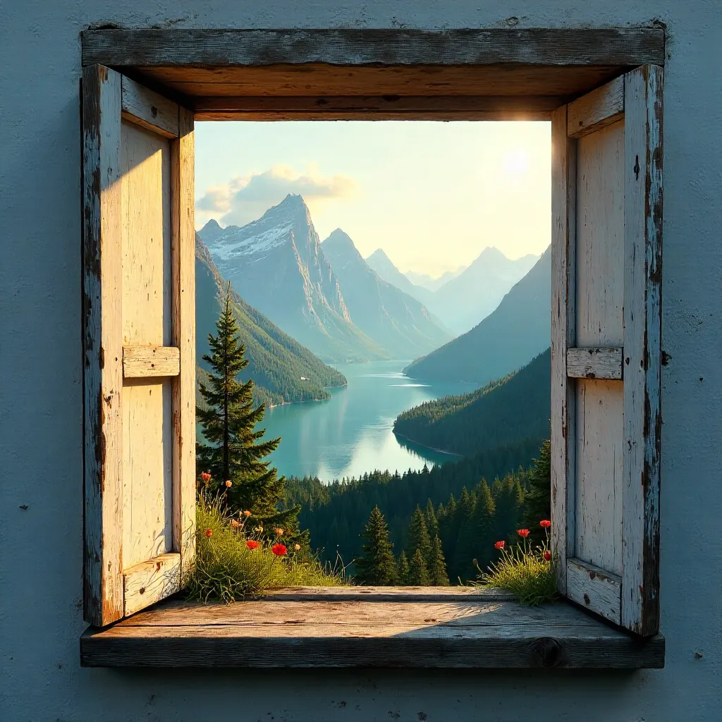 Mountain Serenity Through a Rustic Window