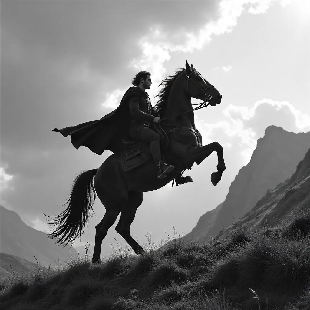 Rider on a Rearing Horse in Monochrome Vistas