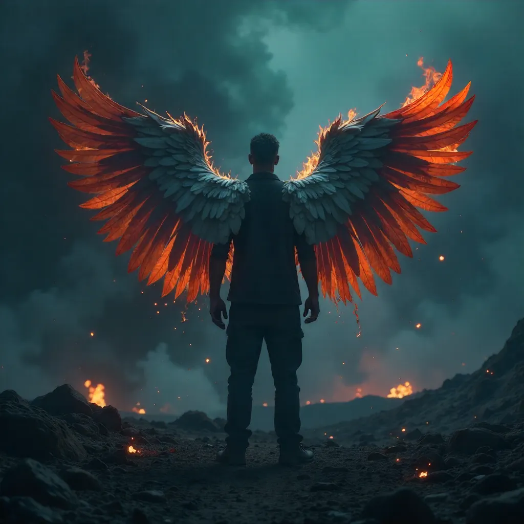 Back View: Flaming Angel Wings in Darkness