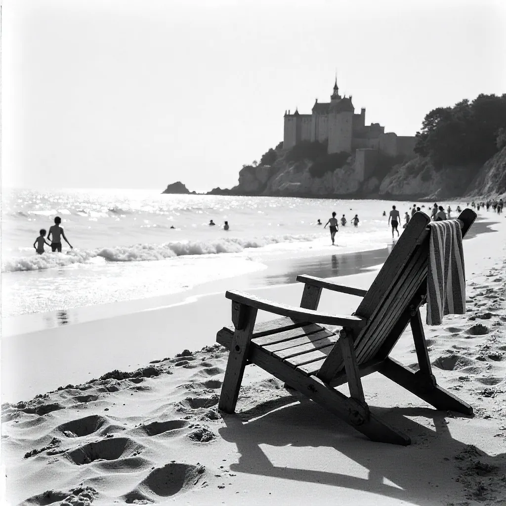 Monochrome Beach: Chair, Towel, Swimmers, Castle