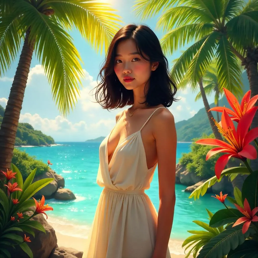 Tropical Paradise Portrait: Adult Asian Woman in Digital Art