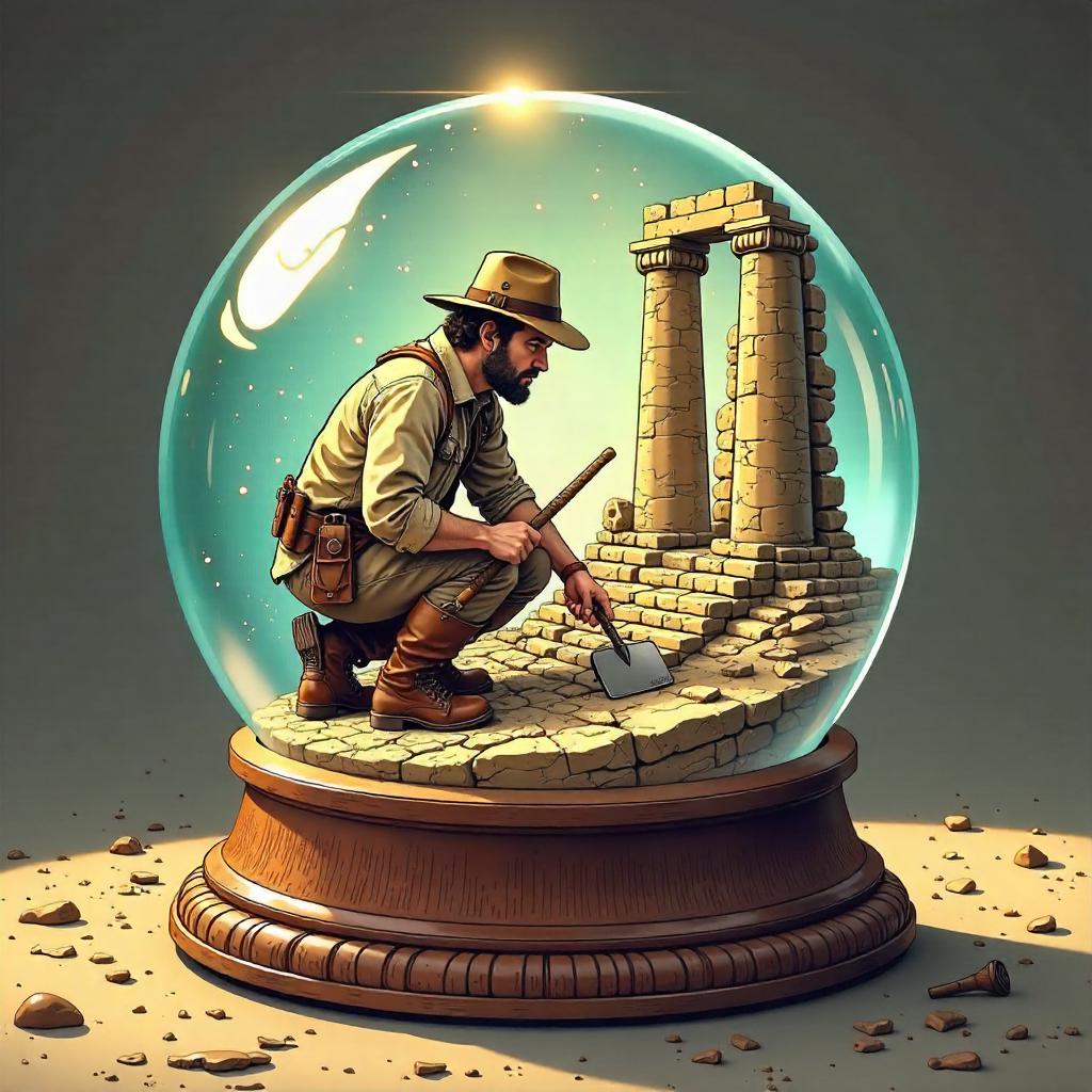 Comic Archaeologist in a Snow Globe