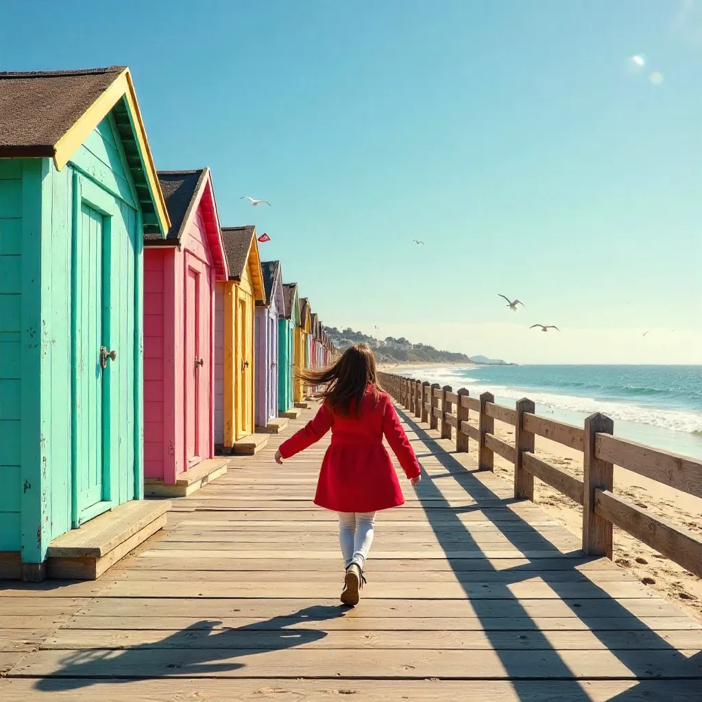 Red Coat Girl Running Between Colorful Beach Cabins