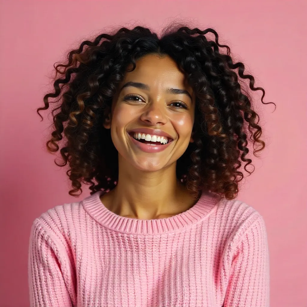 Joyful Woman with Curly Hair in Pink Sweater