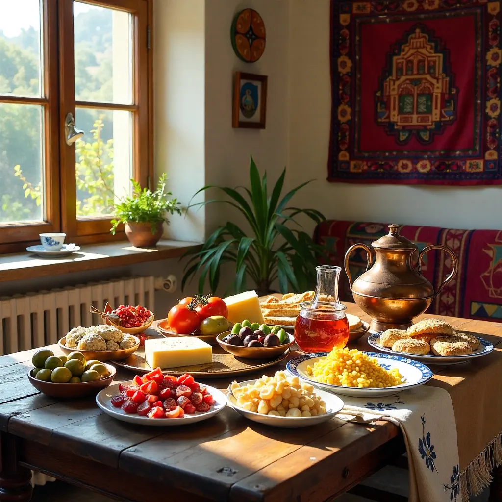 Sunlit Turkish Breakfast Table with Fruits and Wall Art