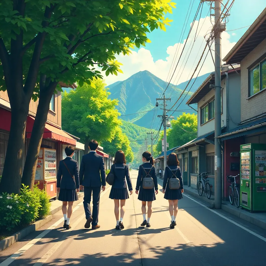 Sunlit Boulevard: Japanese Students with Mountain Backdrop
