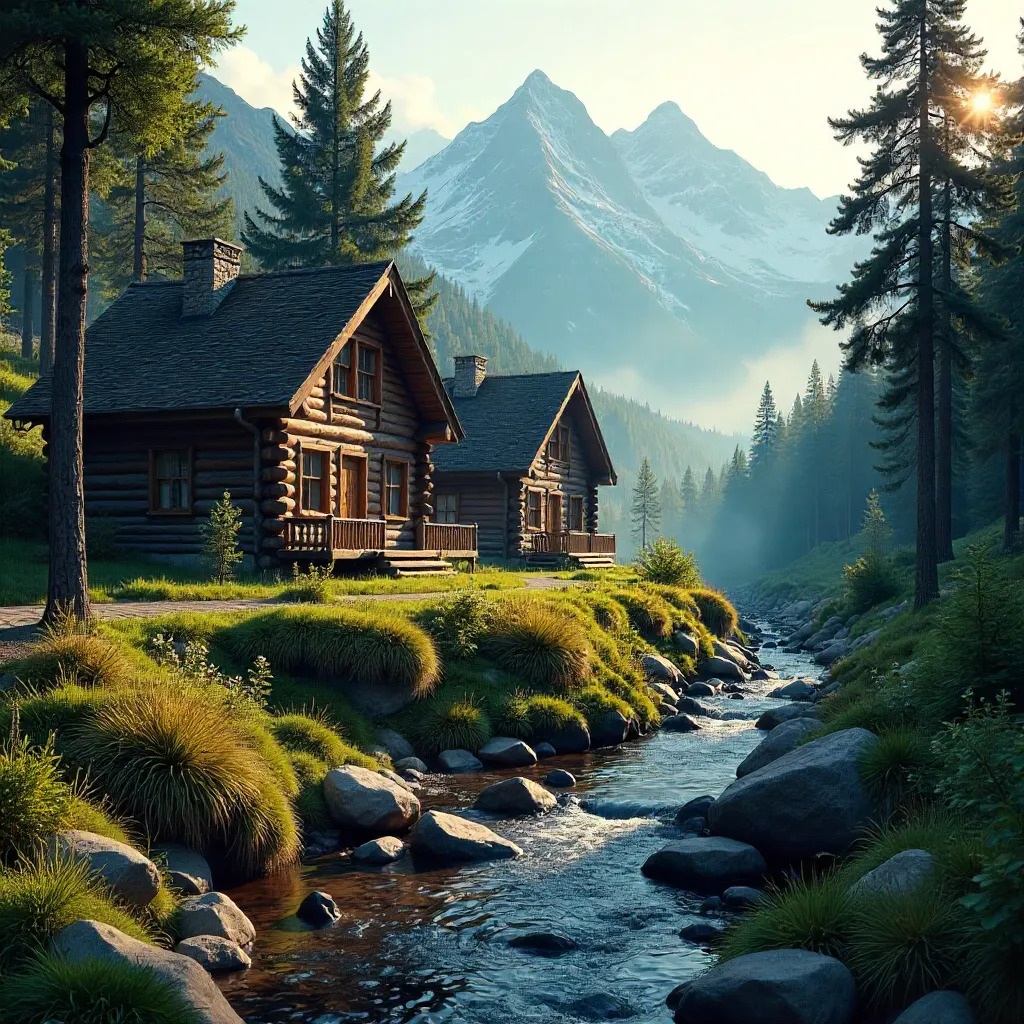 Tranquil Mountain Cabins Amid Dense Forest