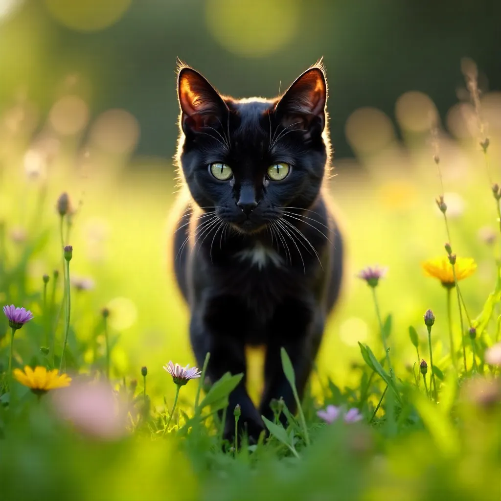 Elegant Black Cat in a Wildflower Field