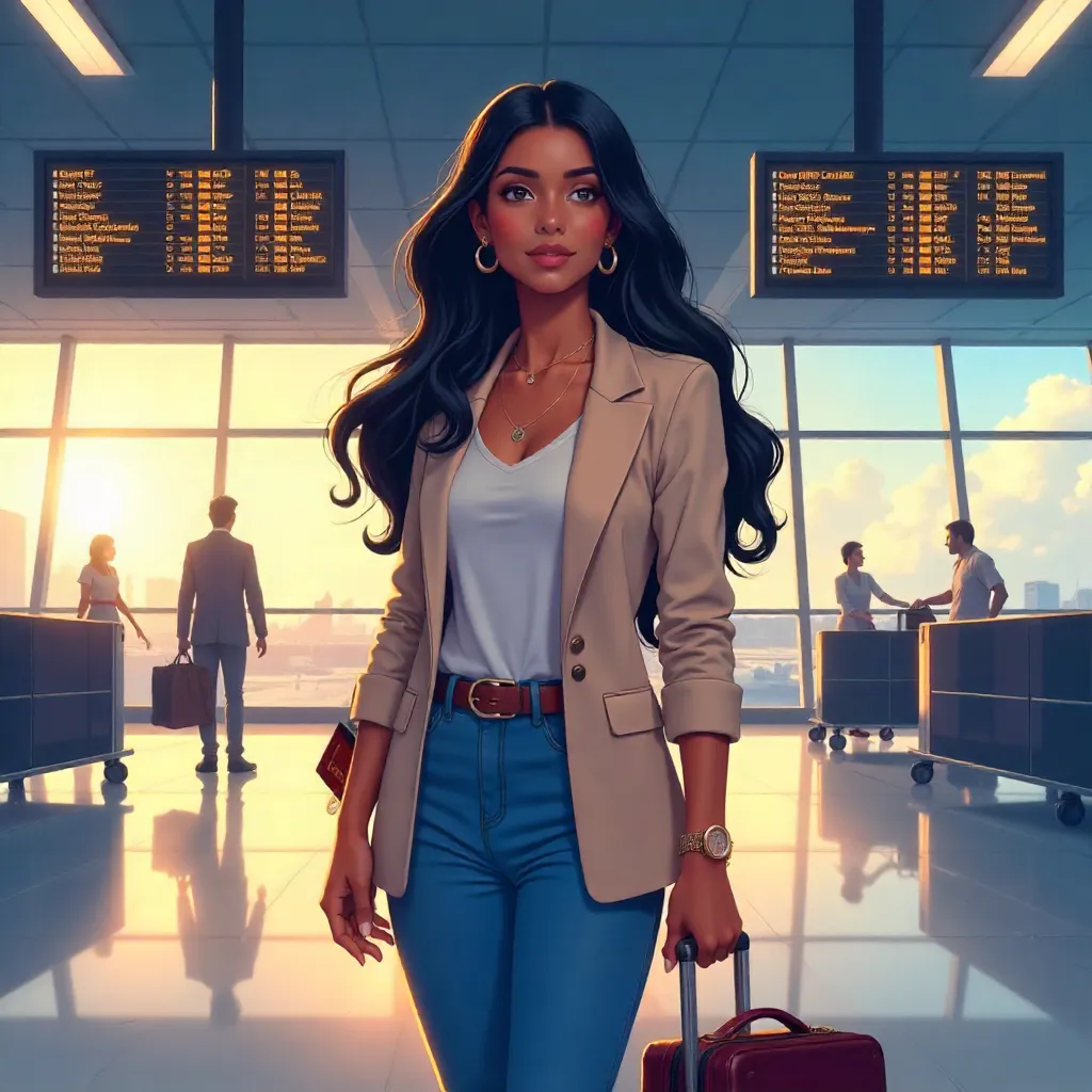 Anime Indian Woman in a Modern Airport Terminal