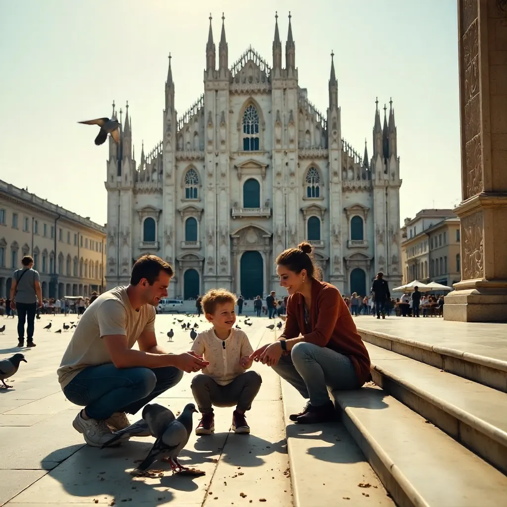 Family at Milan's Duomo Feeding Pigeons