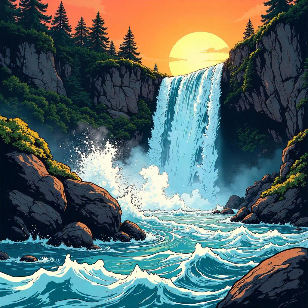 Dynamic Comic Waterfall by a Rushing River