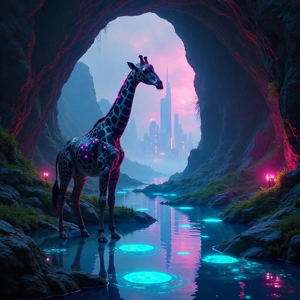 Cyberpunk Giraffe in a Hidden Neon Lagoon