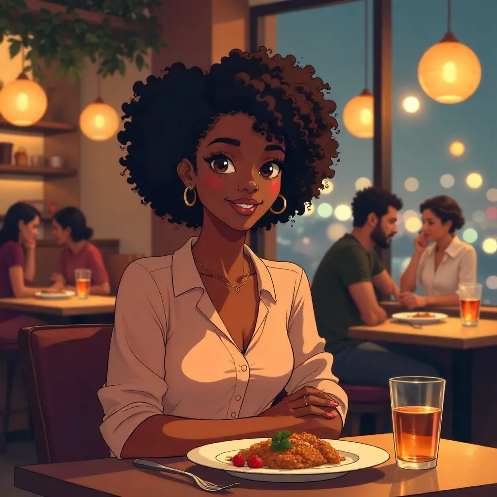 Anime Portrait: Black Woman in a Cozy Restaurant