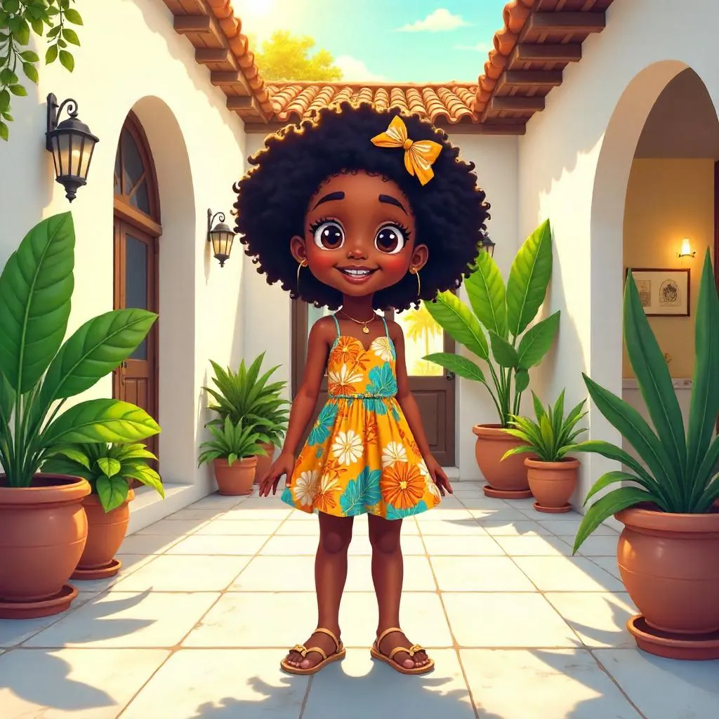 Cheerful Black Girl in a Sunlit Villa (Anime)