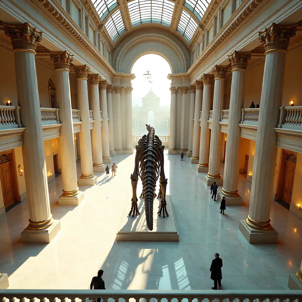 Elevated View of Dinosaur Skeleton in Grand Museum Hall