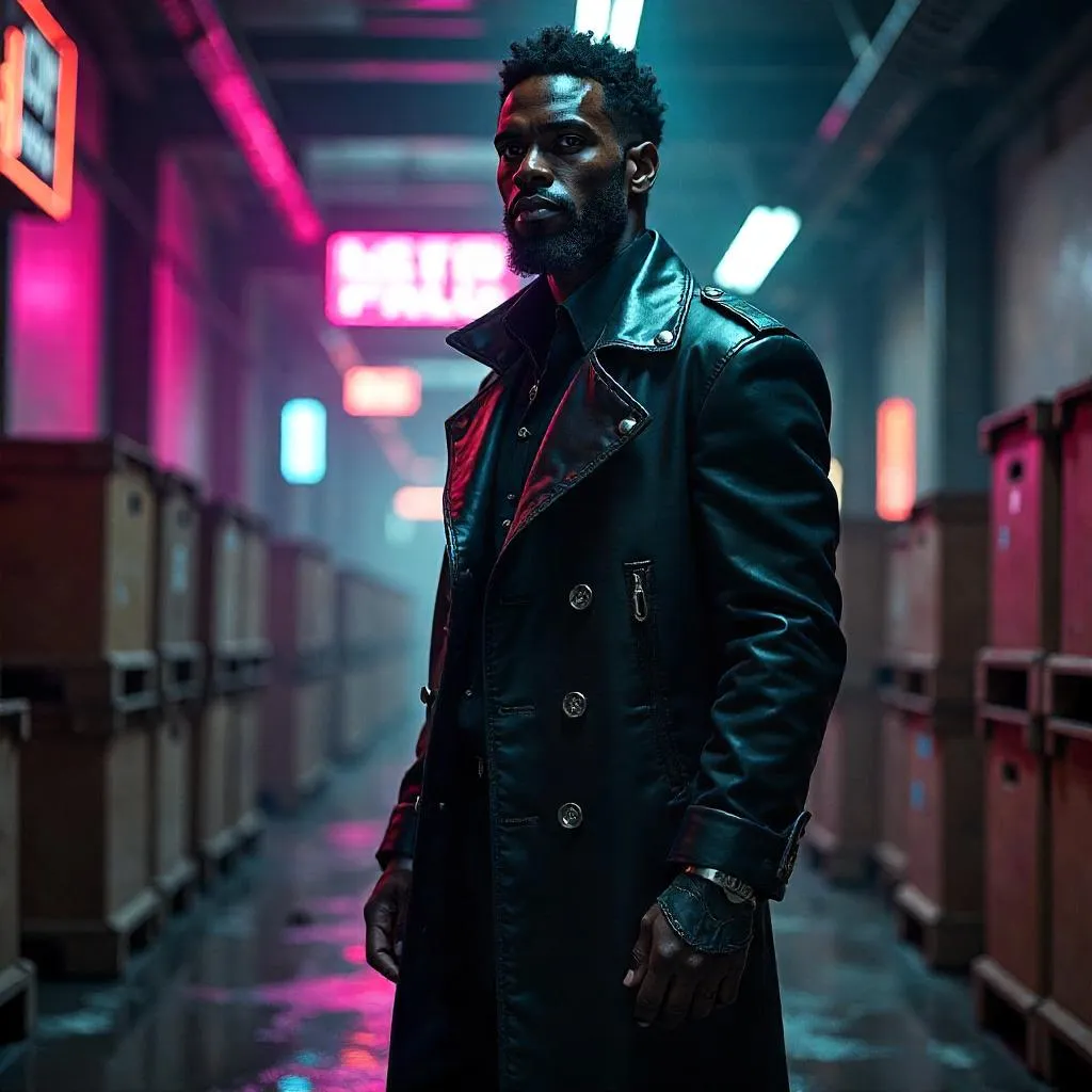 Confident Black Man in a Neon Cyberpunk Warehouse
