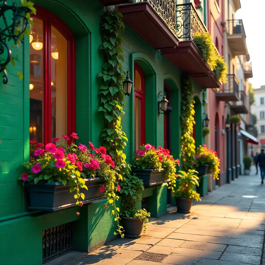 Vibrant Urban Facade with Green-Red Accents and Flowers