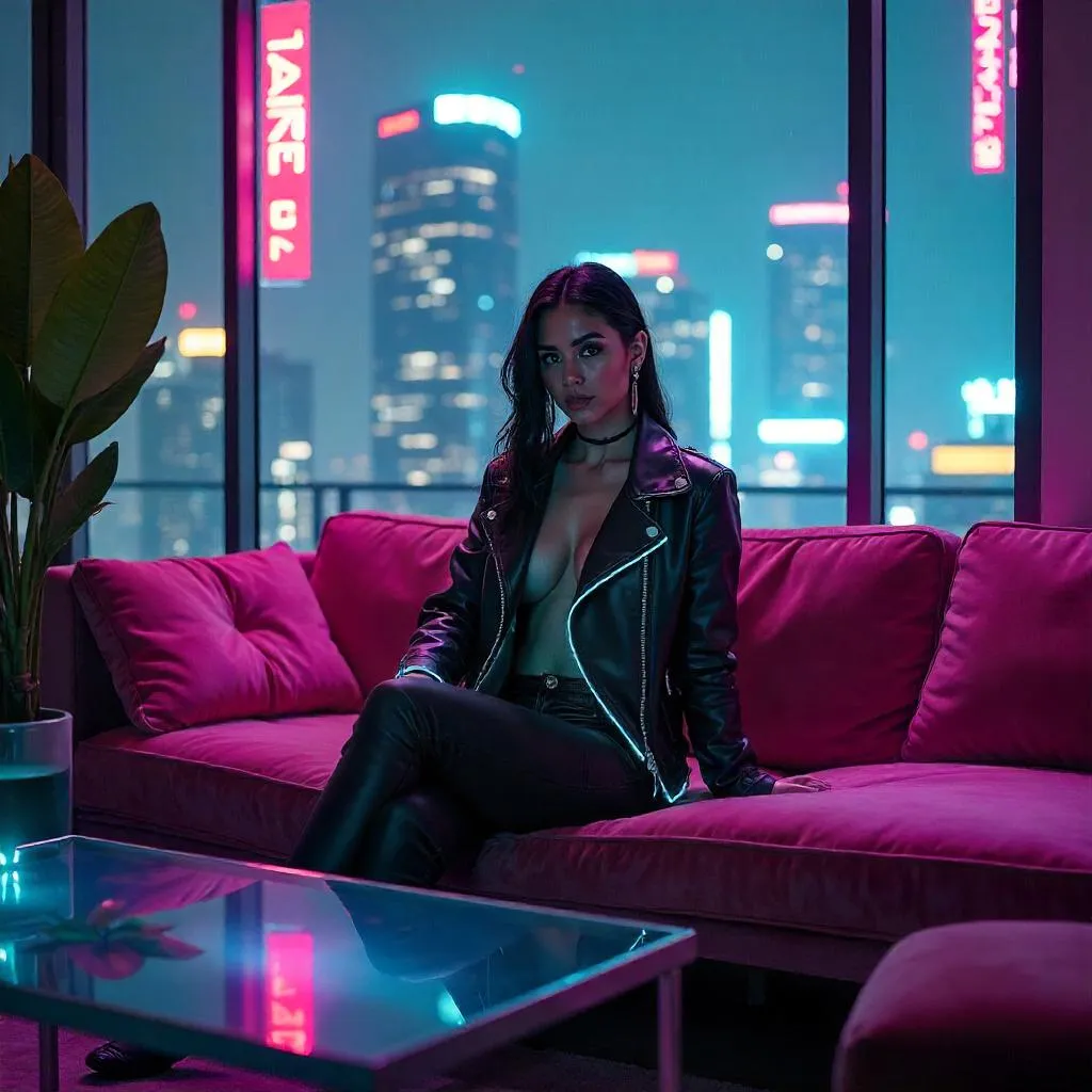 Neon-Lit Latina Woman in a Cyberpunk Living Room