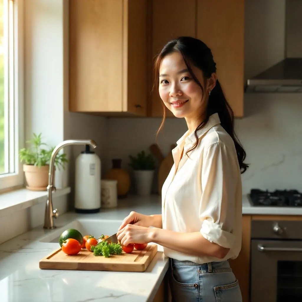 Photorealistic Portrait of an Adult Asian Woman in a Modern Kitchen