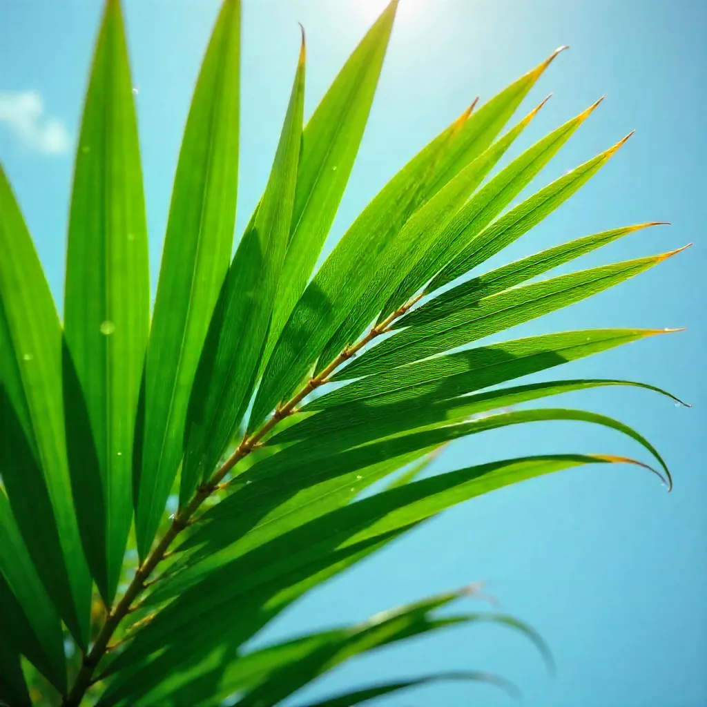 Vibrant Close-Up: Green Palm Leaves Under Clear Blue Sky