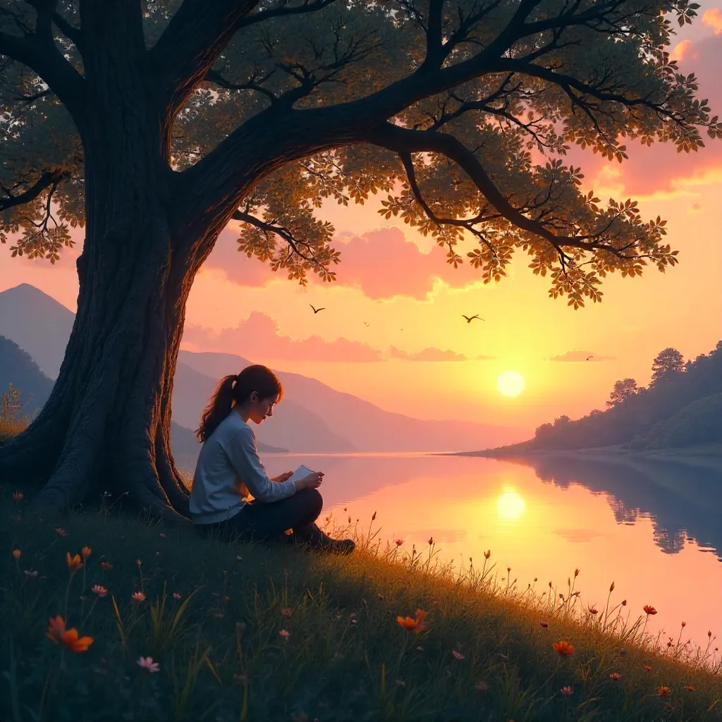 Sunset Tranquility: Lone Figure Under a Tree