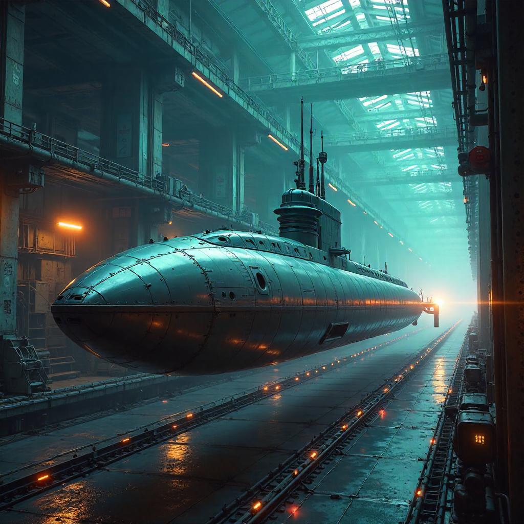 Submarine Concept Art in a Robotic Factory