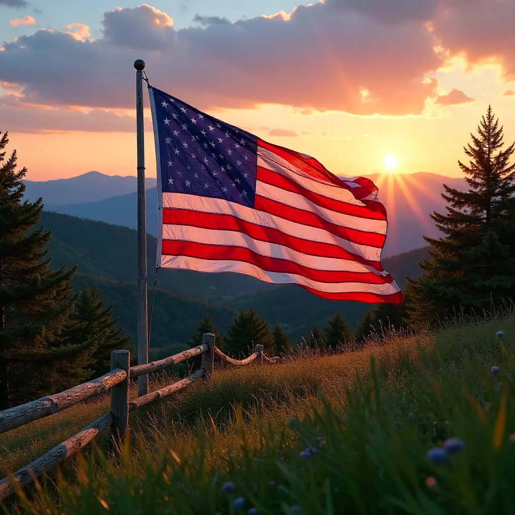 Vibrant US Flag Waves at Sunset over Stowe, VT