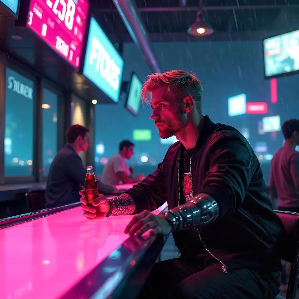 Neon-lit Cyberpunk Sports Bar Portrait