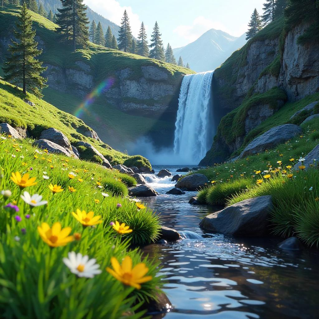Meadow Edge Near a 3D Waterfall