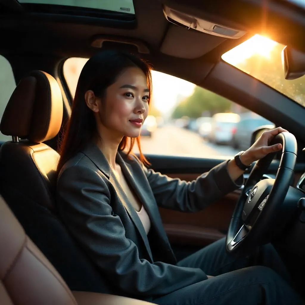 Golden Hour Portrait of an Asian Woman in a Car