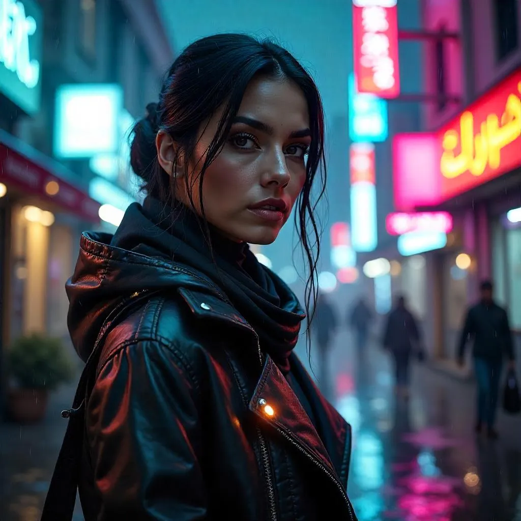 Neon Nightfall: Cyberpunk Middle Eastern Woman