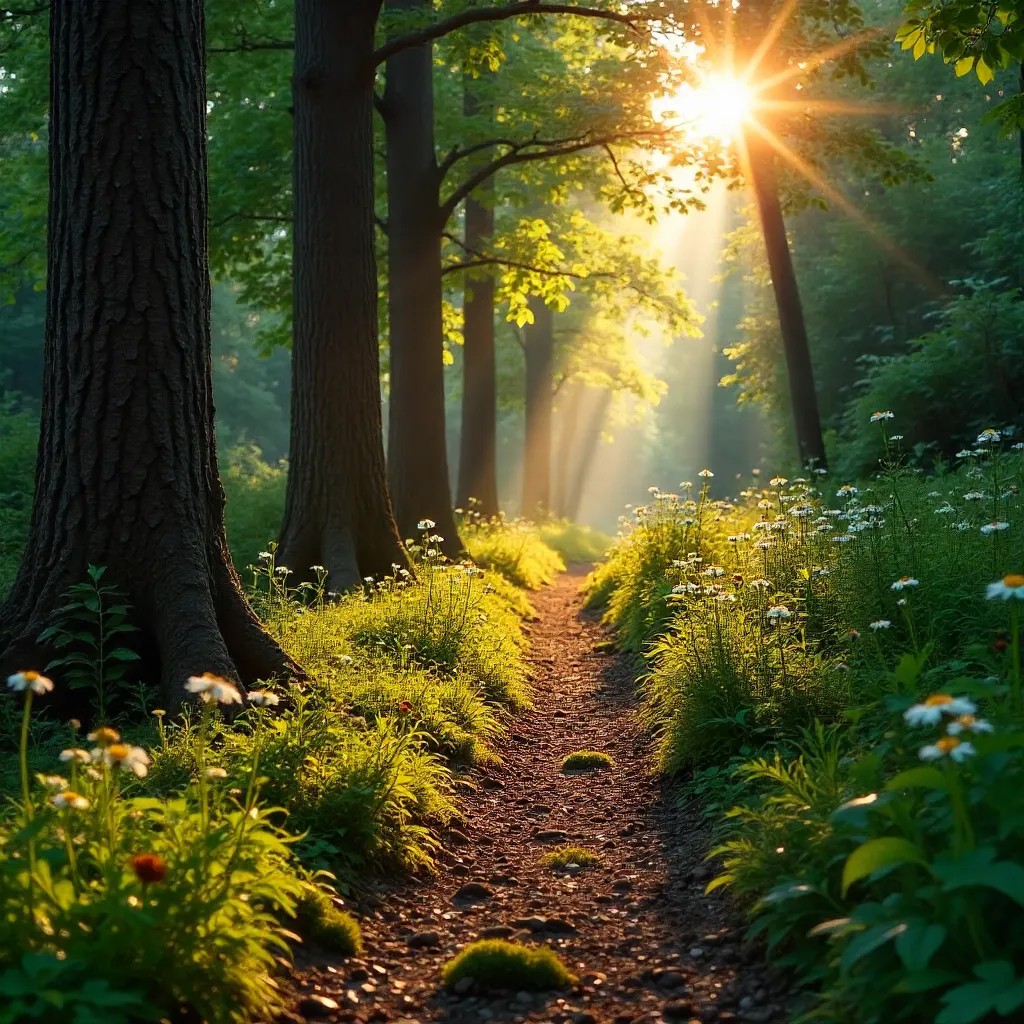 Sunlit Forest Path Among Tall Ancient Trees