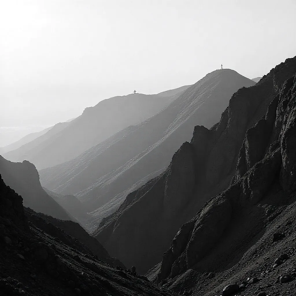 Foggy Madeira Mountains with Distant Radar Dome in B&W