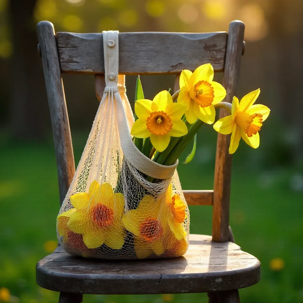 Daffodils in a Mesh Bag on a Rustic Chair