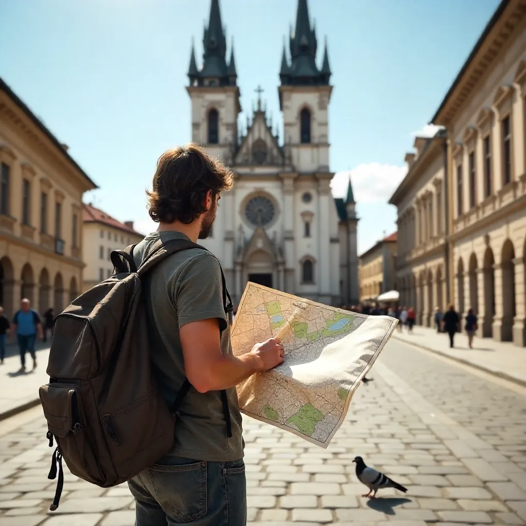 Traveler with City Map Before Novi Sad Cathedral