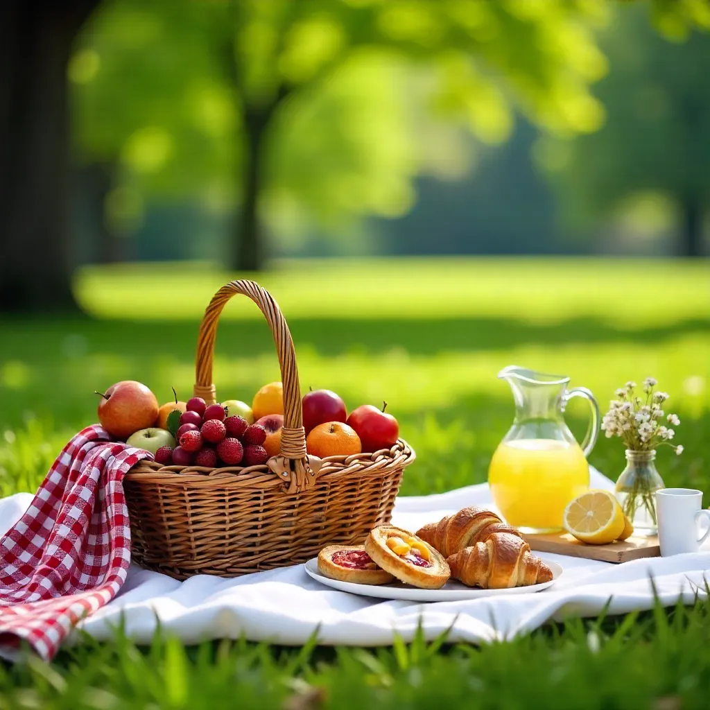 Sunny Picnic with Fruit Basket and Pastries