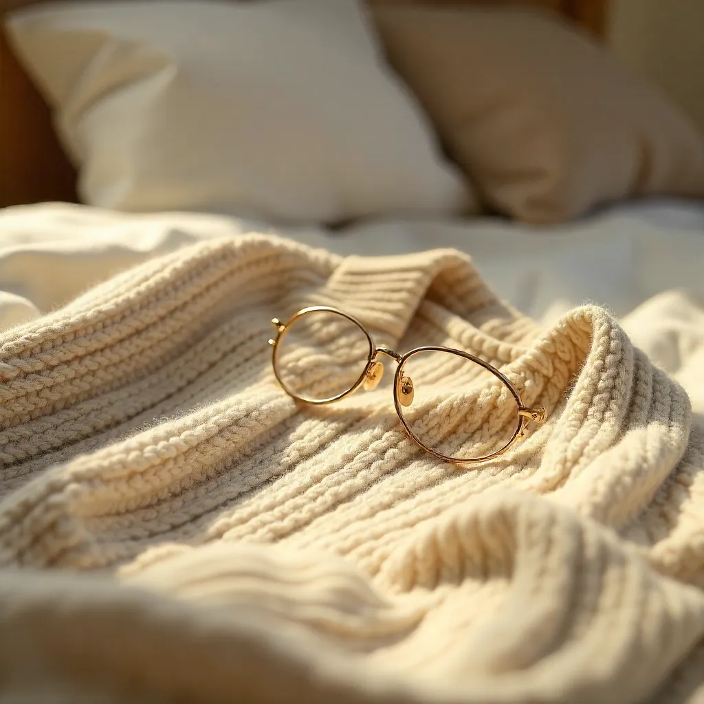 Cozy Beige Sweater and Glasses on a Bed