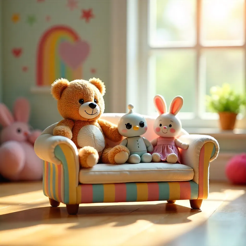 Whimsical Toy Figures on a Rainbow Mini Sofa