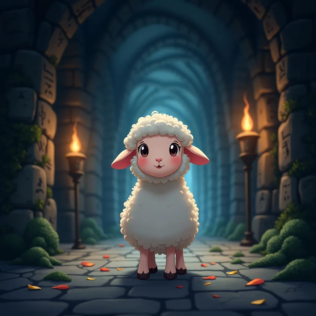 Anime Sheep in a Mossy Crypt