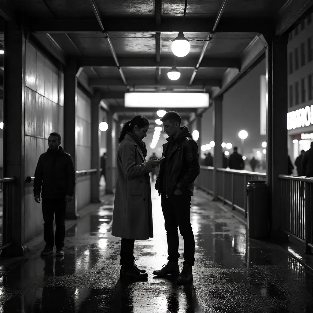 Monochrome Street Duo at Santa Station Entrance