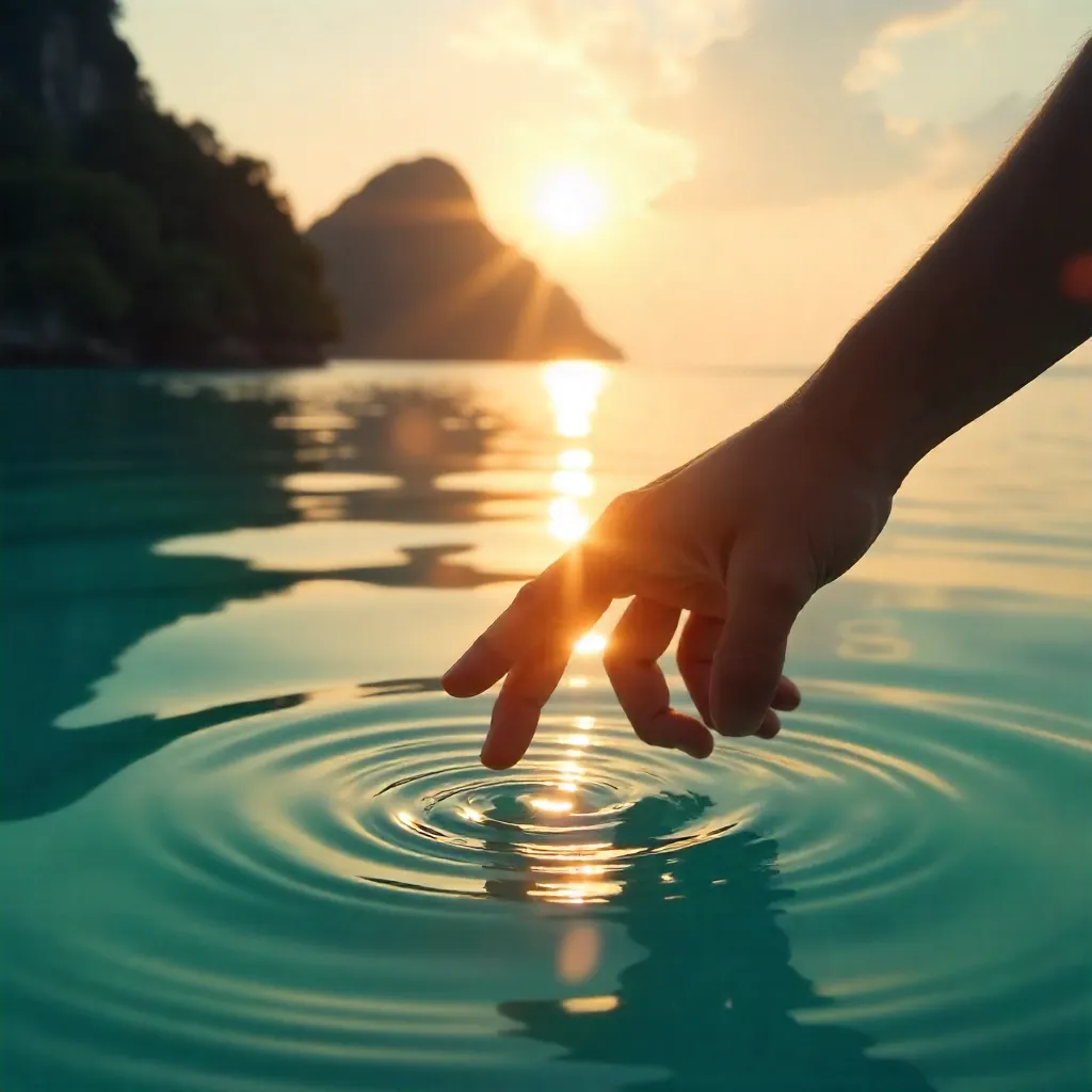 Serene Hand Silhouette Touching Sunlit Water in Satun