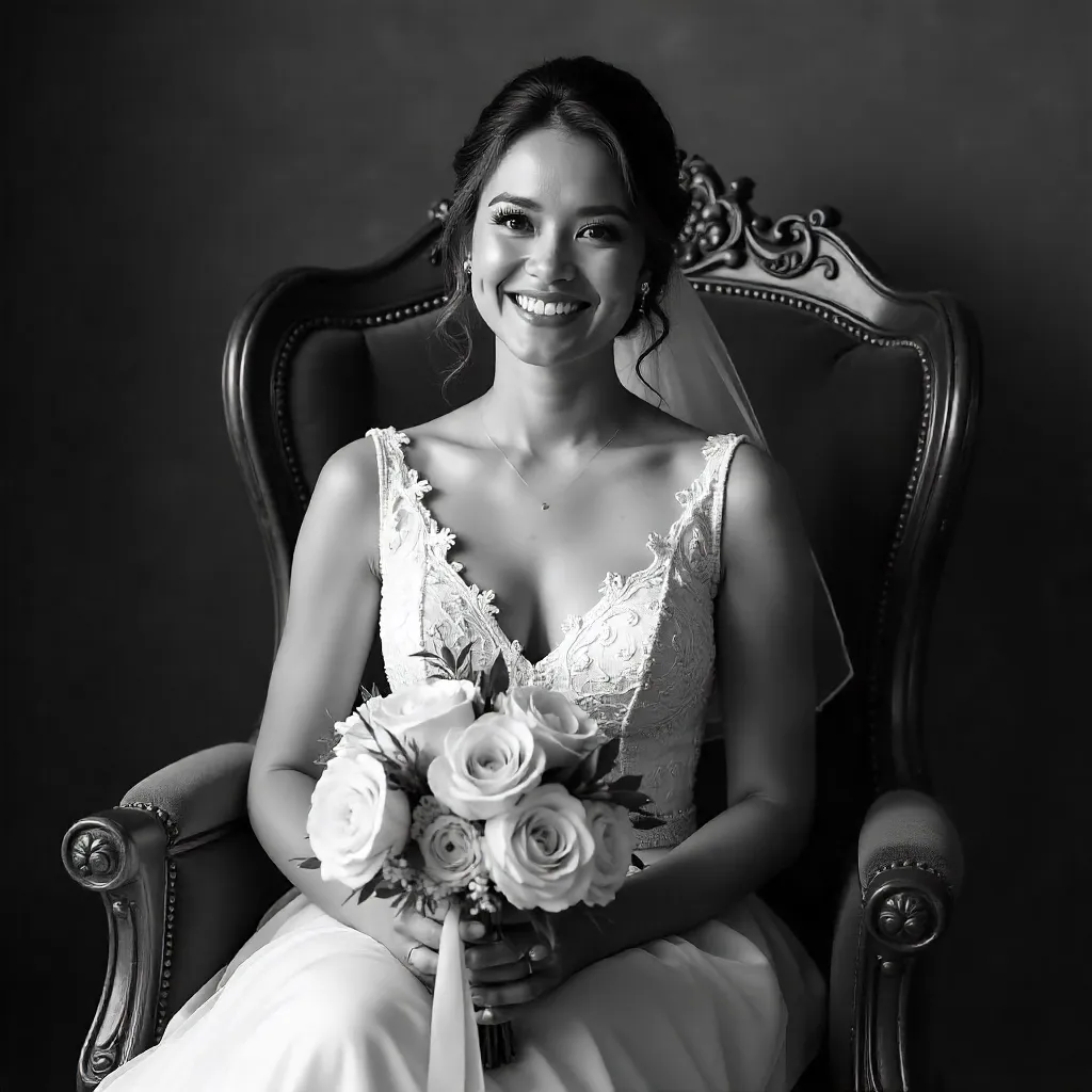 Joyful Bride in a Vintage Chair, Black and White
