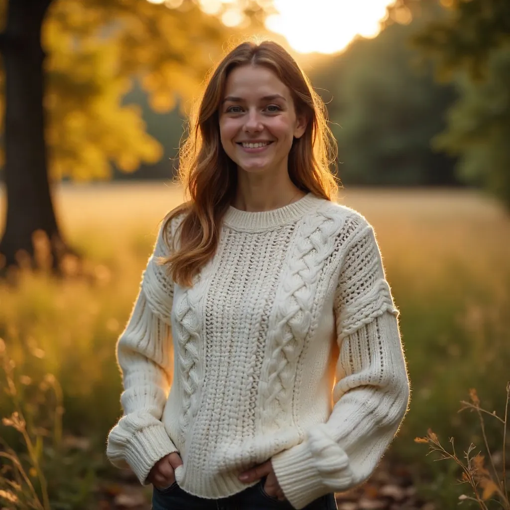 Cozy Glow: Woman in White Cable Knit Sweater