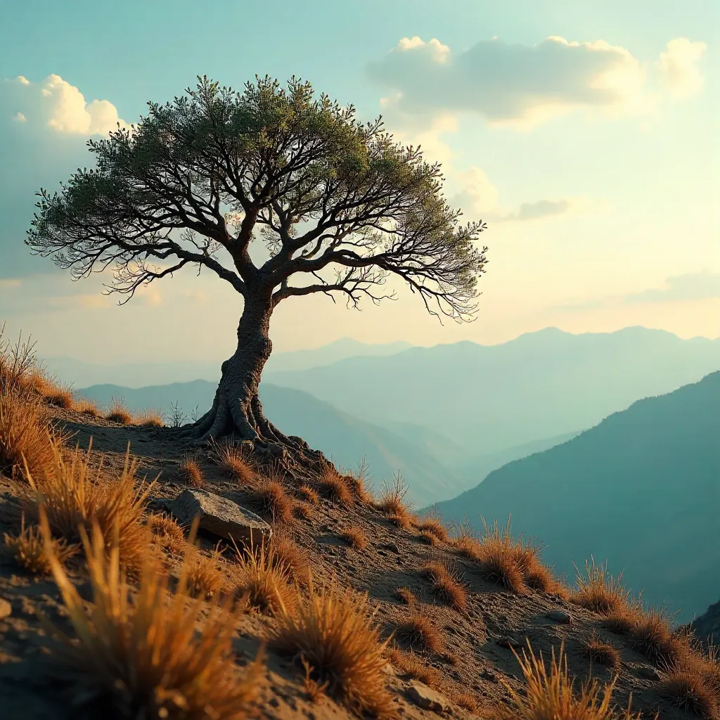 Solitary Hilltop Tree Over Panoramic Indian Mountains