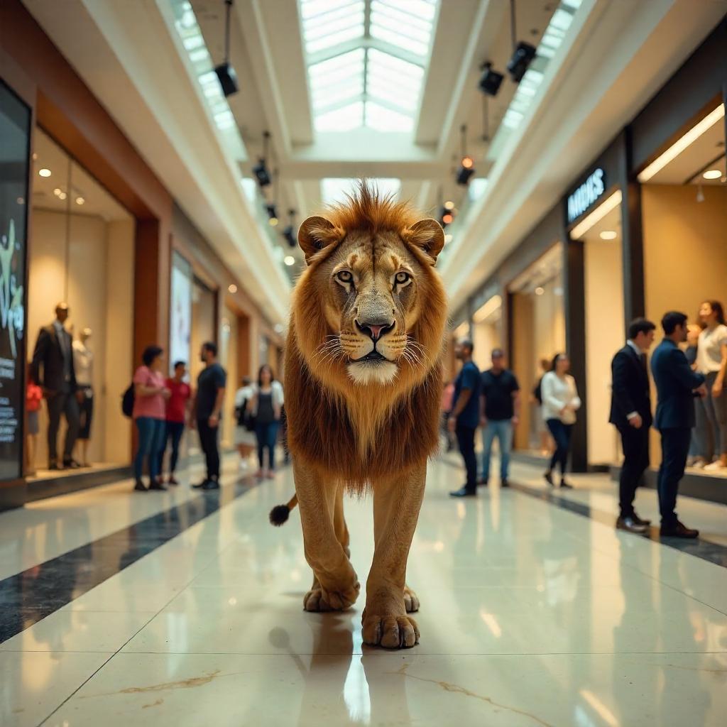 Photorealistic Lion Roaming a Modern Shopping Mall